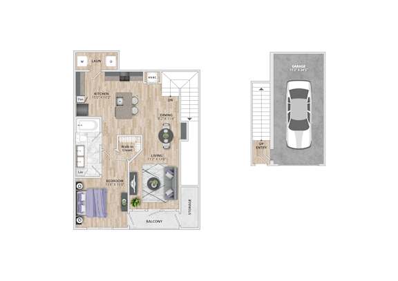 A floor plan of a house with a garage on the side.