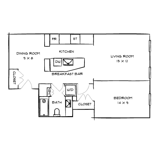 A floor plan of a house with a dining room, kitchen, living room, and bedroom.