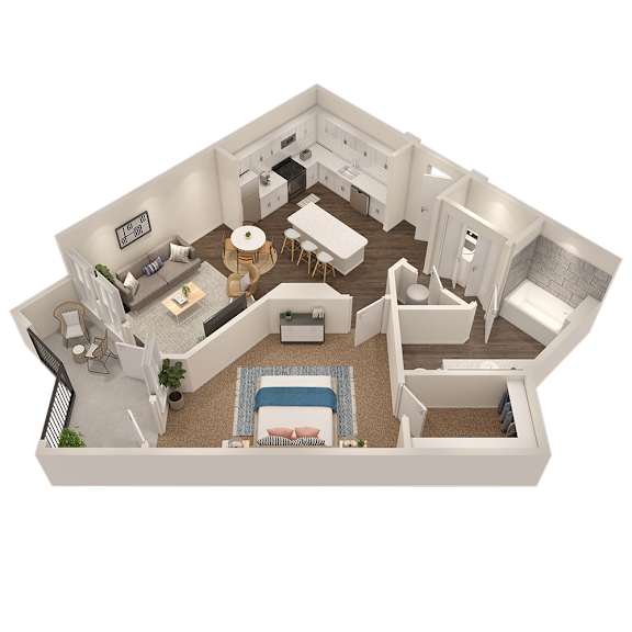 A 3D floor plan of a house with a living room, kitchen, dining room, and bathroom.