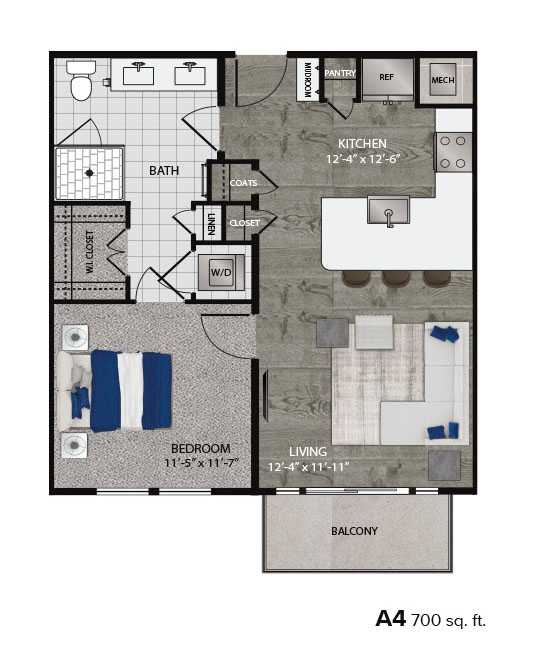 A floor plan of an apartment with a living room, bedroom, kitchen, and bathroom.