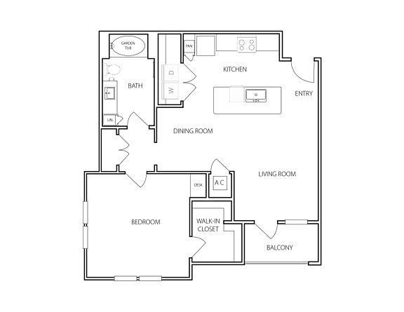 A floor plan of a house with a garage, kitchen, dining room, living room, bedroom, and balcony.