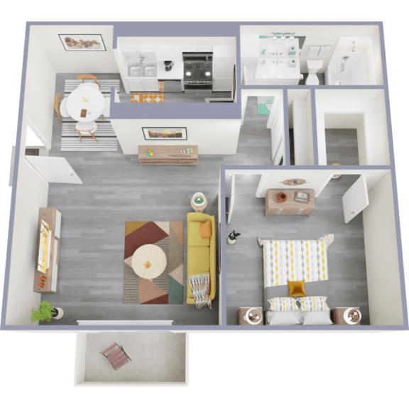 a 3d rendering of our 1 bedroom apartment at princeton court apartments in dallas