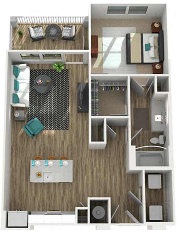 A 3D floor plan of a small apartment with a kitchen, living room, and bathroom.