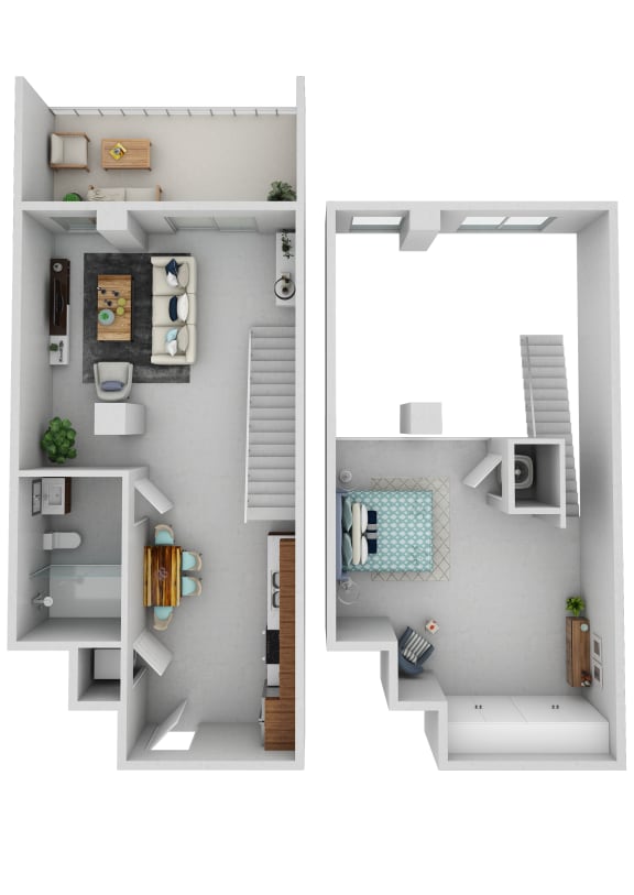 a stylized floor plan with a bedroom and a bathroom