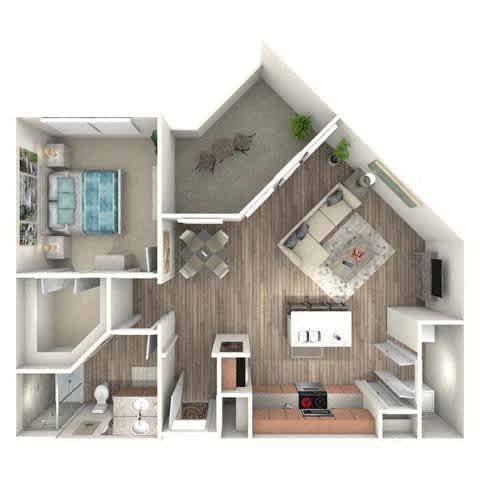 A dollhouse interior with a living room, kitchen, and bathroom.