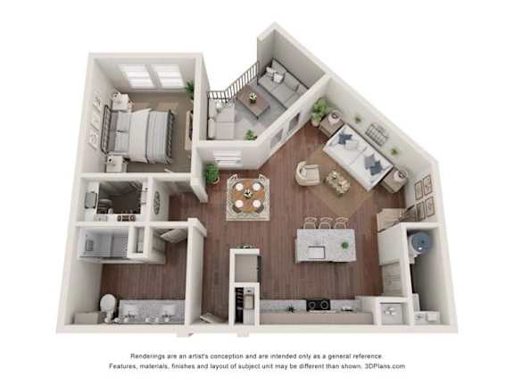 A 3D floor plan of a house with a kitchen, living room, and bedrooms.