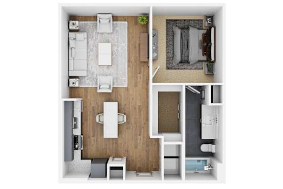 A top down view of a small apartment with a kitchen, dining area, and bedroom.