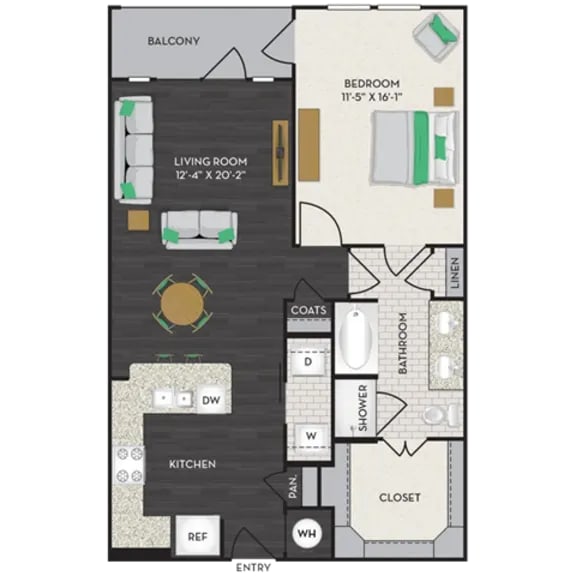 A floor plan of a small apartment with a kitchen, living room, and bathroom.