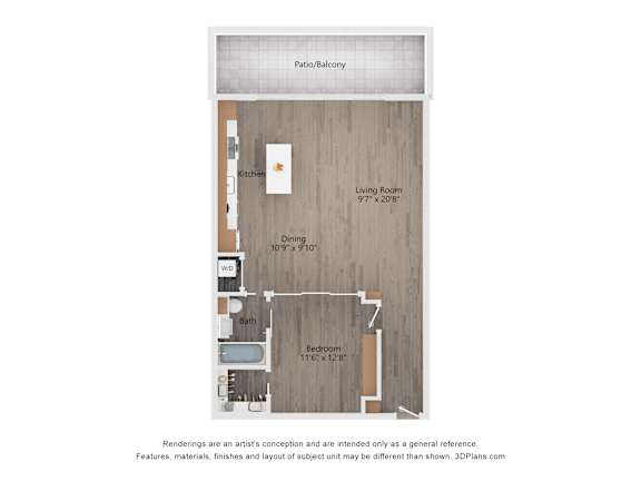 A floor plan of a house with a kitchen, dining room, living room, and bathroom.