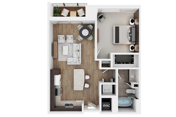 A top-down view of a modern apartment layout with a living room, kitchen, and bedroom.