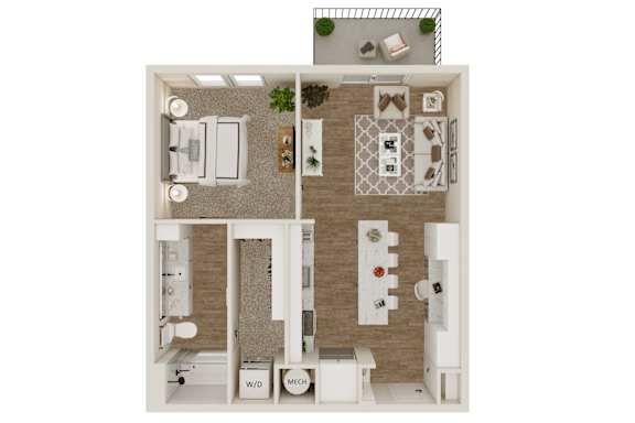 A floor plan of a small apartment with a kitchen, living room, and bathroom.