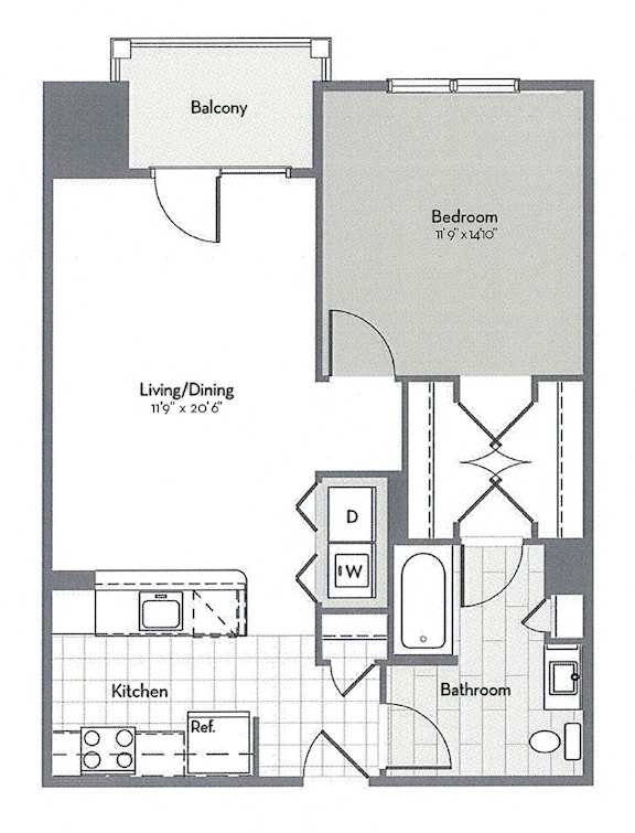A floor plan of a small apartment with a living room, dining room, kitchen, bathroom, and bedroom.