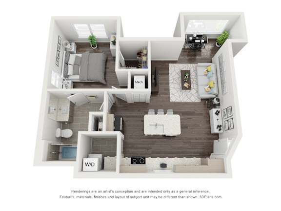 A 3D floor plan of a house with a kitchen, living room, and bathroom.