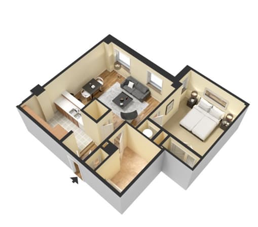 A 3D image of a house layout with two bedrooms, a living room, a kitchen, and a bathroom.