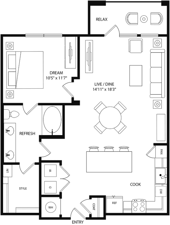 A floor plan of a house with a living room, dining room, kitchen, and bathrooms.