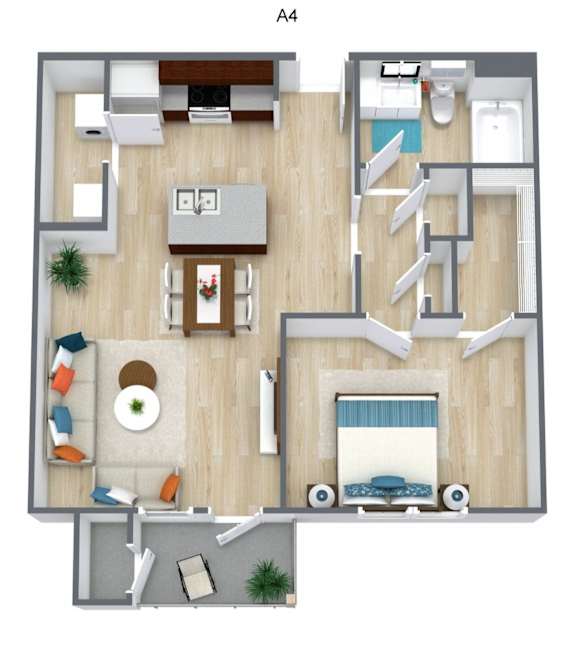 A 3D floor plan of a house with a living room, kitchen, dining room, and bedrooms.