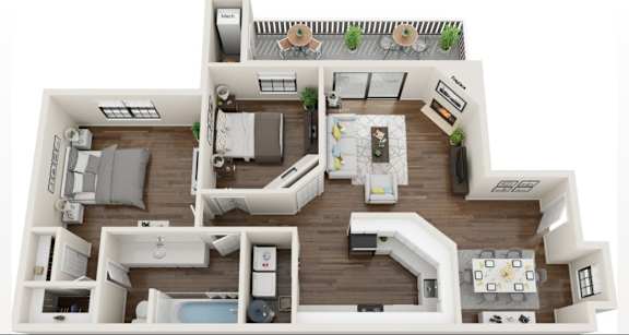 A top-down view of a modern, open-plan apartment layout.