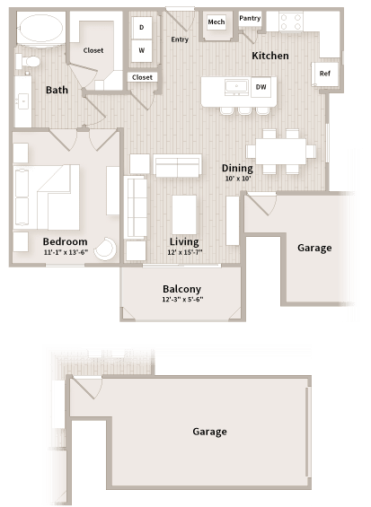 A floor plan of a house with a garage, living room, dining room, kitchen, and bathroom.