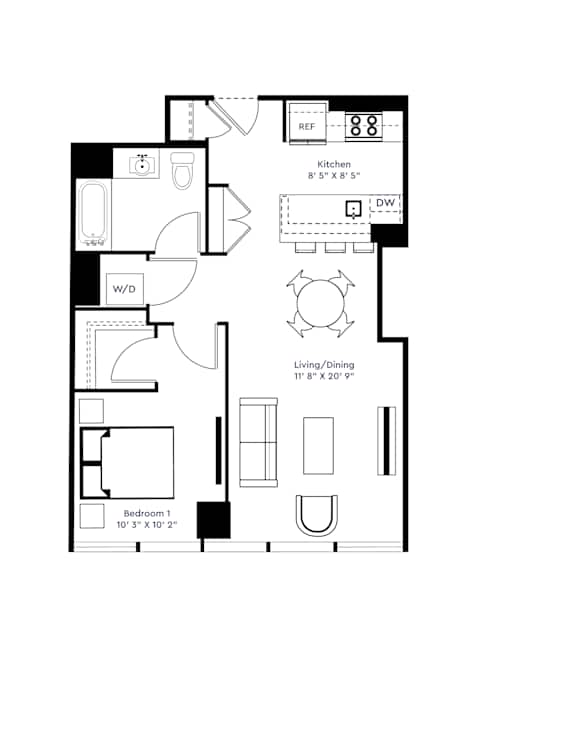 A black and white floor plan of a small apartment with a kitchen, living room, and bedroom.