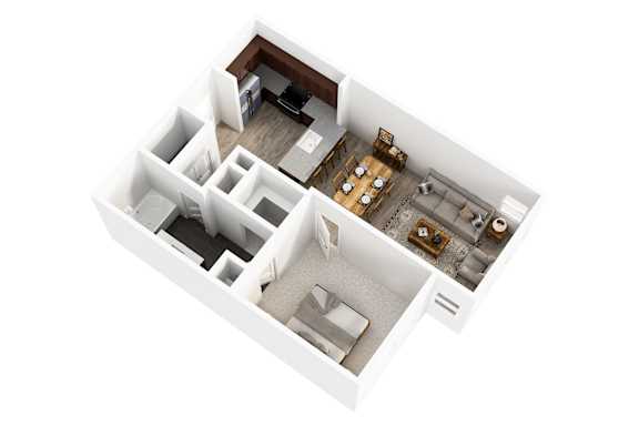 A white floor plan of a house with a kitchen, living room, and two bedrooms.
