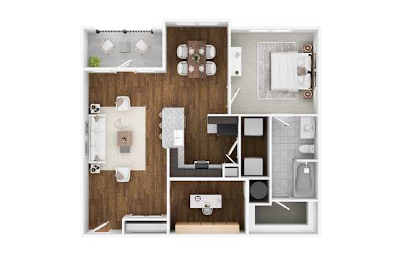 A top-down view of a small apartment with a kitchen, living room, and bathroom.