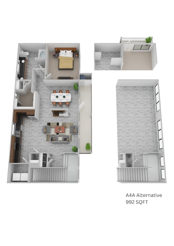 A floor plan of a two-story apartment with a living room, kitchen, and dining area.