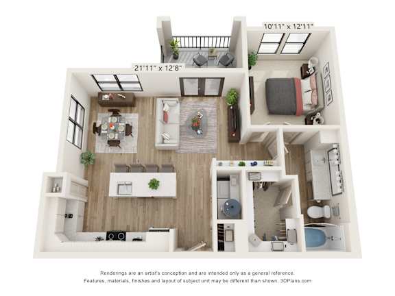 A 3D floor plan of a two-bedroom apartment with a living room, kitchen, and bathroom.