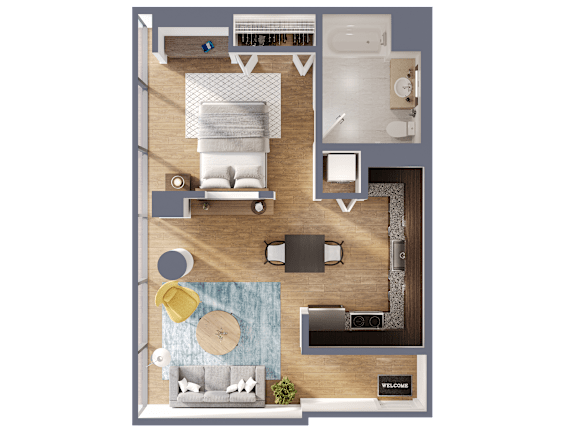 A top-down view of a small apartment with a bedroom, living room, kitchen, and bathroom.