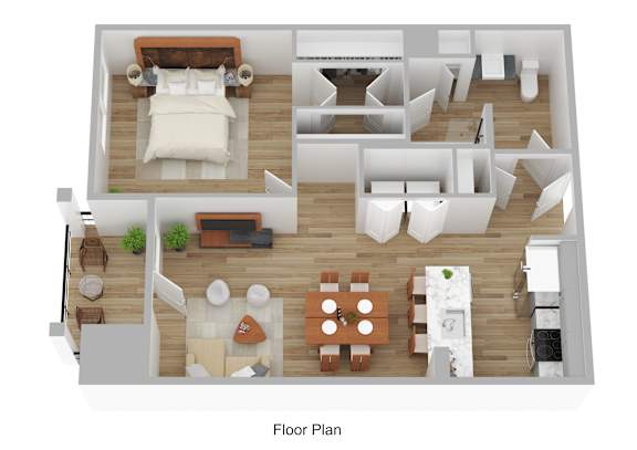 A floor plan of a house with a bedroom, living room, kitchen, and dining area.