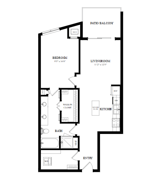 A black and white image of a floor plan for a home with a patio balcony, bedroom, living room, kitchen, bathroom, and entry.