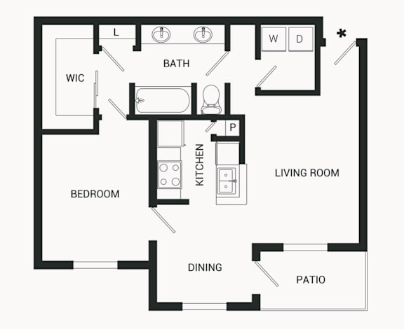 A floor plan of a house with a living room, dining area, kitchen, and bedroom.