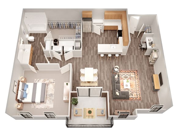 A top-down view of a modern apartment layout with a kitchen, living room, dining area, and bedrooms.