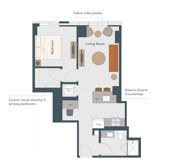 A diagram shows a floor plan of a living space with a bedroom, living room, and countertops.