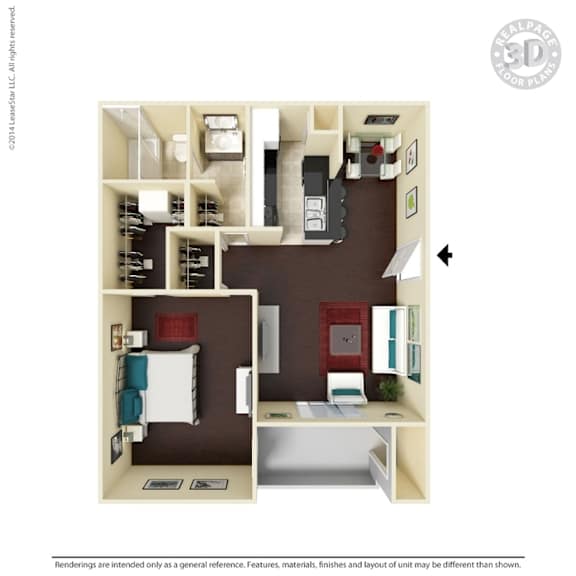 A 3D floor plan of a small apartment with a kitchen, living room, and bathroom.