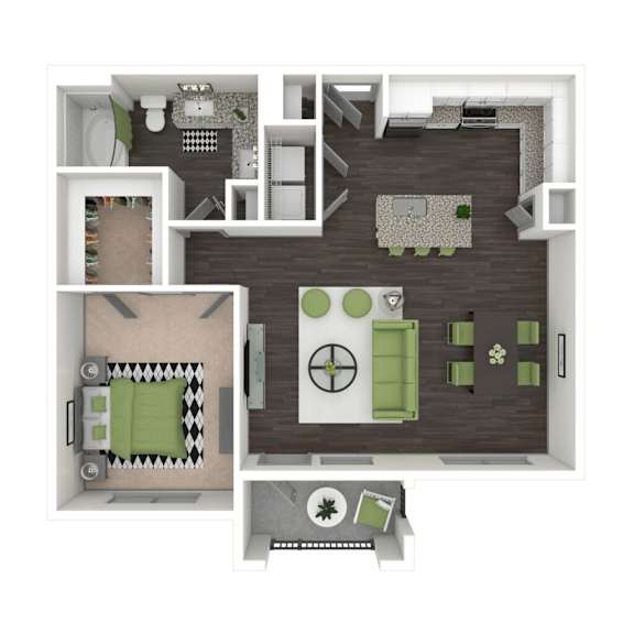 A 3D floor plan of a house with a living room, kitchen, and bathroom.