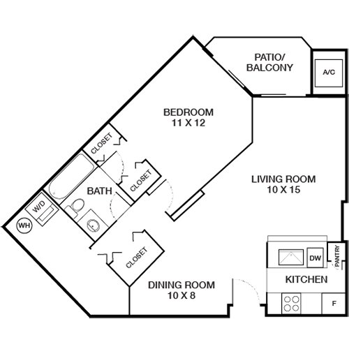 A floor plan of a house with a living room, dining room, kitchen, bedroom, and bathroom.