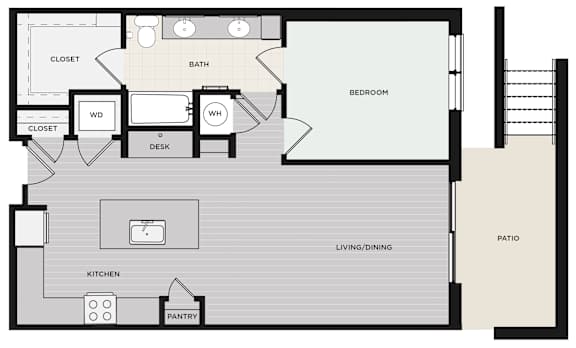 A floor plan of a house with a living room, dining room, kitchen, pantry, two bedrooms, a bathroom, and a closet.