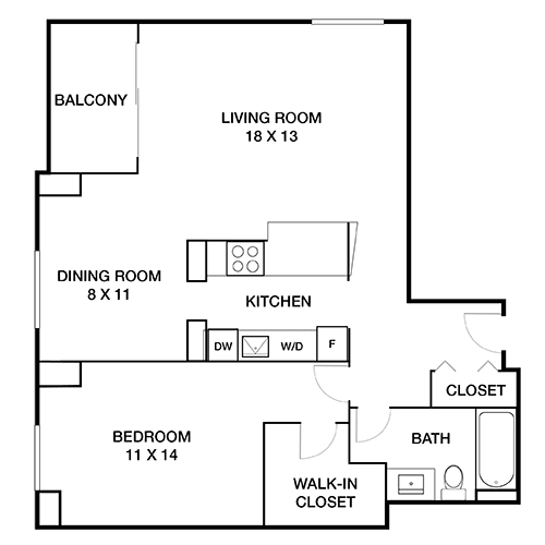 A floor plan of a house with a balcony, living room, dining room, kitchen, bedroom, bath, and walk-in closet.