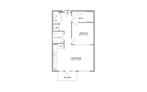 A floor plan of a small apartment with a bedroom, bathroom, living room, and balcony.