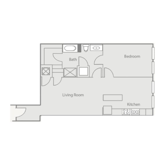 an illustration of a 1 bedroom floor plan with an open floor plan