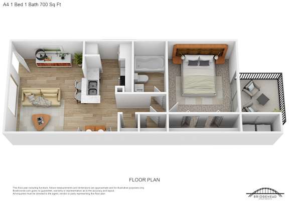 A 4 bedroom apartment with 1 bathroom and a total area of 700 square feet.
