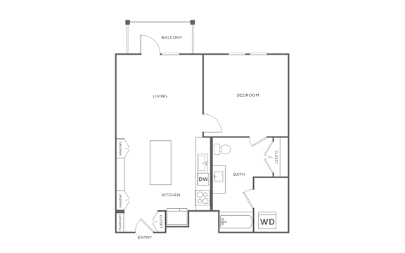 A floor plan of a house with a living room, two bedrooms, a bathroom, a kitchen, a dining room, and an entry.