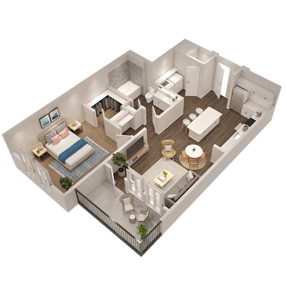 A 3D image of a house layout with a bedroom, living room, kitchen, and bathroom.