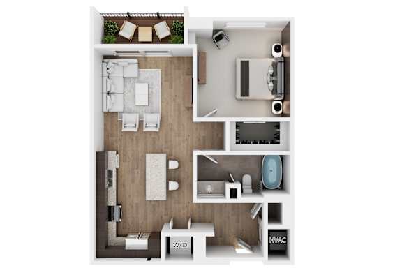 A top-down view of a small apartment with a living room, kitchen, and bathroom.