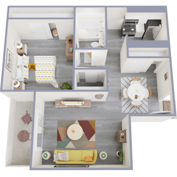 a 3d rendering of our 1 bedroom apartment at princeton court apartments in dallas