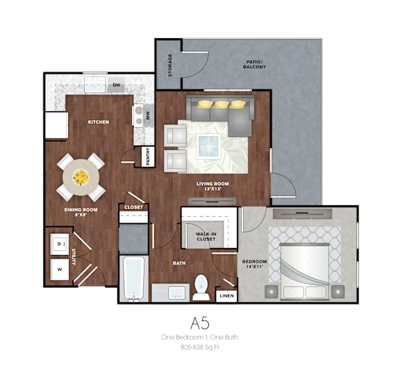 A floor plan of a one bedroom one bath apartment.