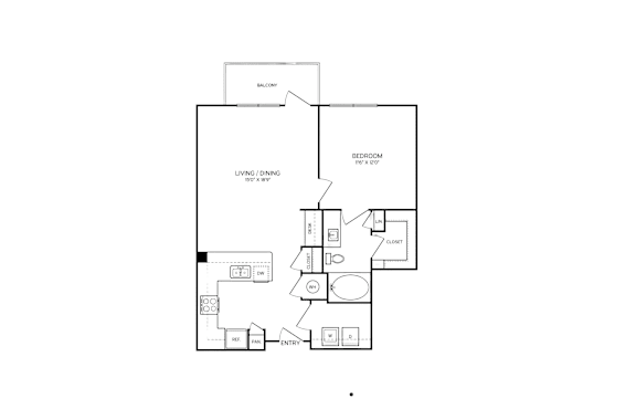 A floor plan of a small apartment with a bedroom, living room, and kitchen.