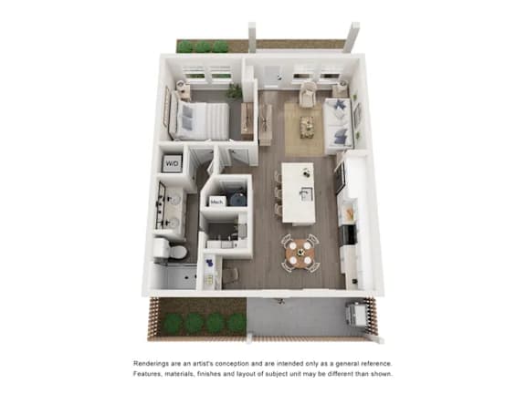 A floor plan of a house with a kitchen, living room, and two bedrooms.