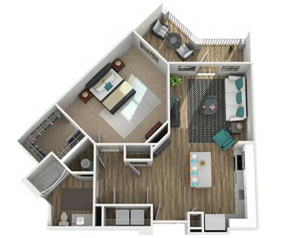 A 3D floor plan of a house showing a kitchen, living room, and two bedrooms.