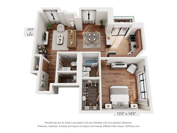 A 3D floor plan of a house with a kitchen, living room, and two bedrooms.